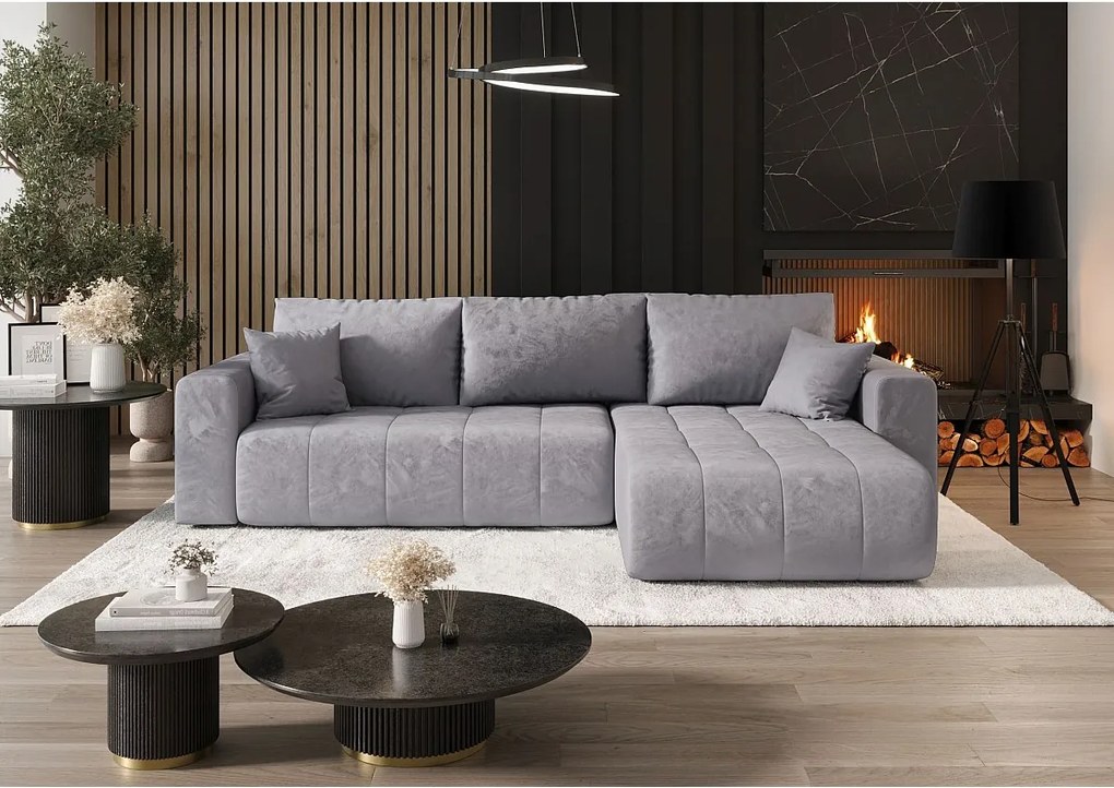 Narożnik z funkcją spania MILO Monolith 70 jasnoniebieski prawy sofa w kształcie L z pojemnikiem na pościel sofa do salonu, sofa rozkładana, sofa z pojemnikiem