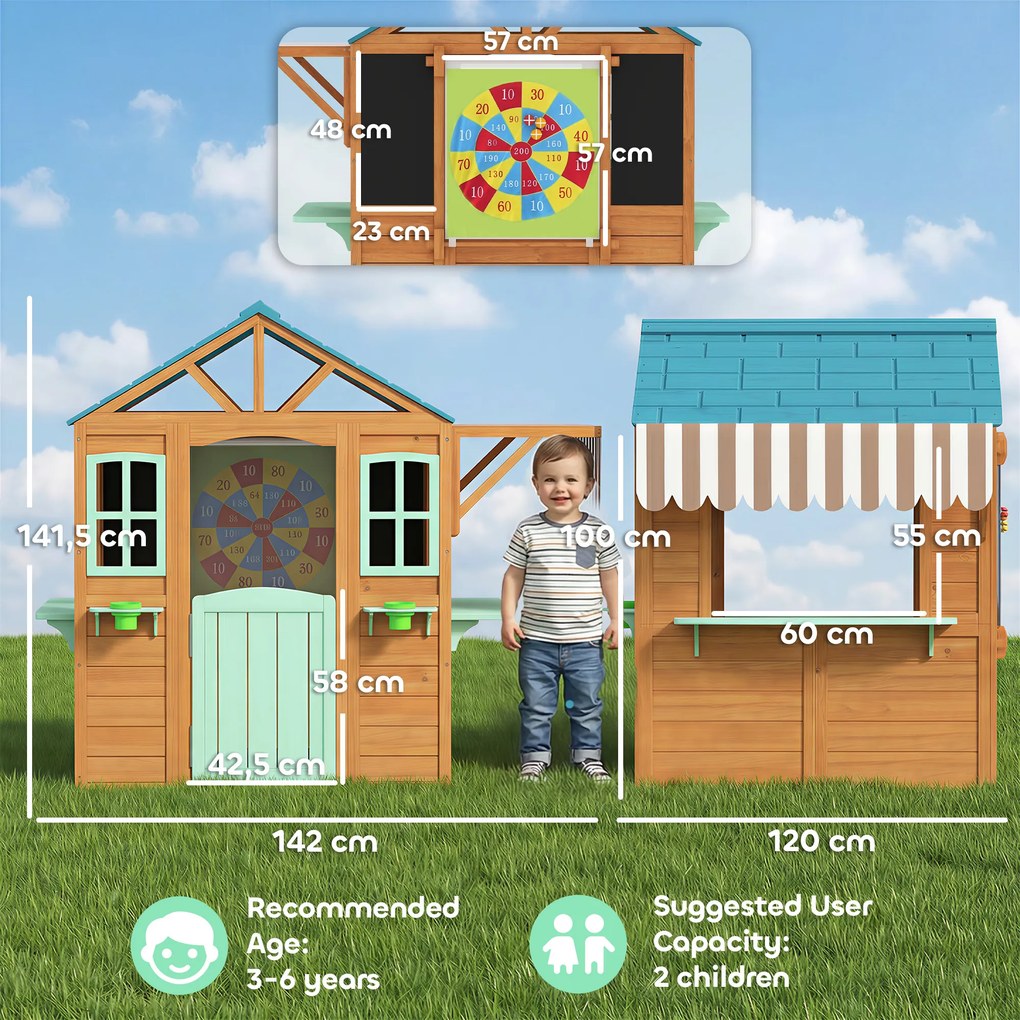 AIYAPLAY Drewniany domek dziecięcy na zewnątrz z ladą sprzedażową, skrzynką na rośliny, tablicą kredową, tarczą do rzucania 4 piłki 142 x 120 x 141,5 cm Wielobarwny | Aosom PL
