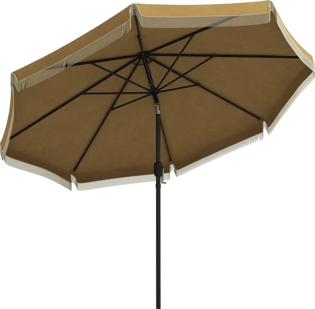 Outsunny Parasol z Ozdobnymi Frędzlami, Ø265 cm, Nachylany, Dwuczęściowy Metalowy Maszt, Wentylacja, Khaki/Czarny
