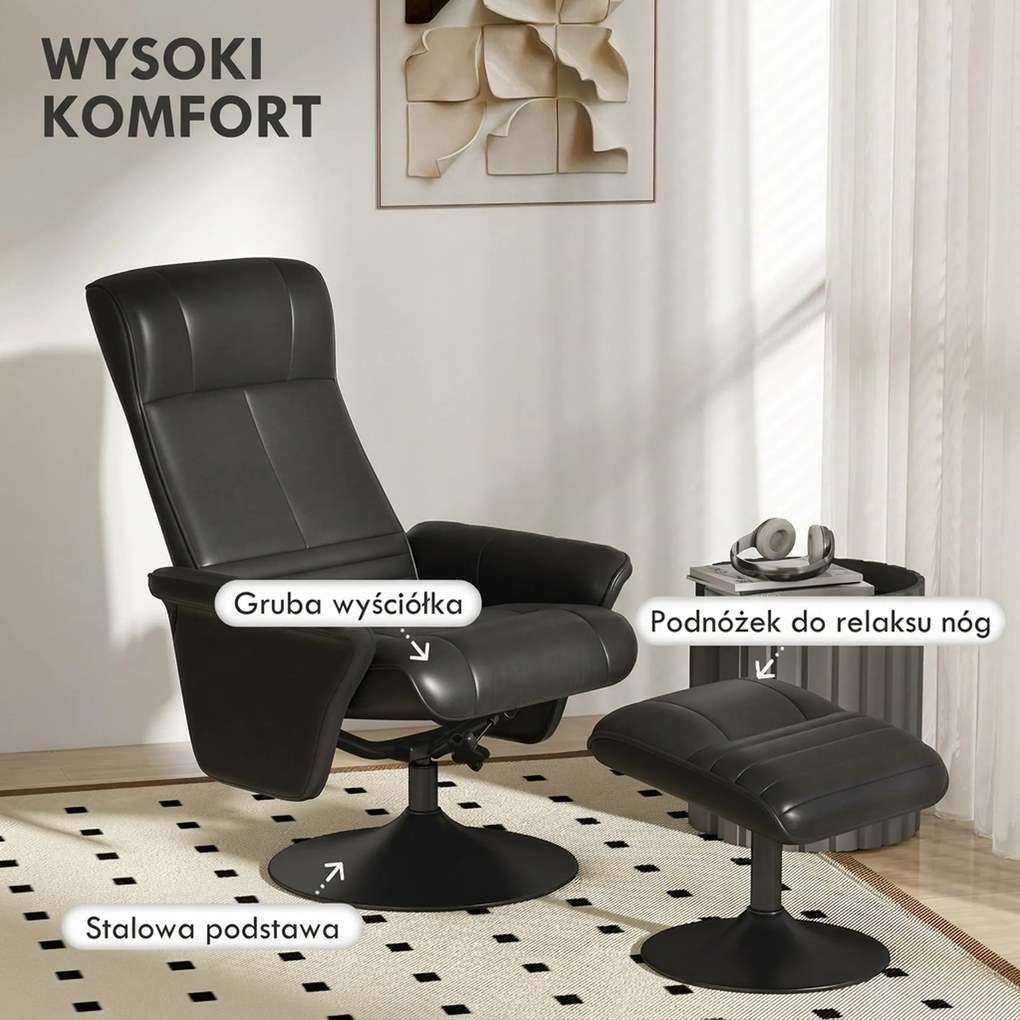 HOMCOM Fotel obrotowy ergonomiczny z podnóżkiem czarny wygodny fotel relaksacyjny do salonu do 150 kg | Aosom PL