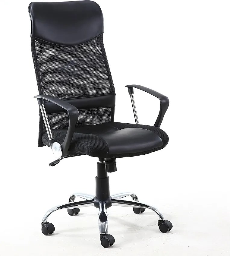 Krzesło biurowe Campus z regulowanym oparciem i fotel obrotowy z eko-skóry w kolorze czarnym.