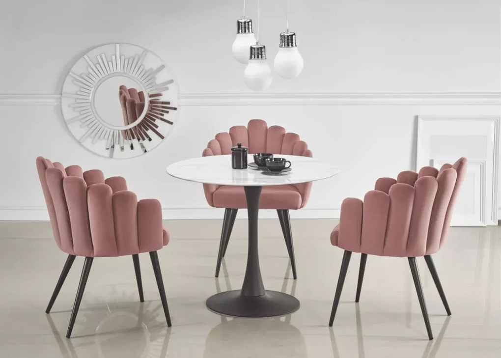 Stół Ambros 90 cm elegancki okrągły stół z marmurowym szklanym blatem i czarną stalową nogą do małego salonu