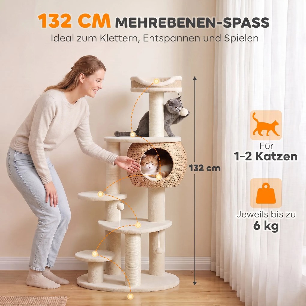 PawHut Duże drzewko dla kota 132 cm wysokości z kryjówką z pałki wodnej, słupkami do drapania, łóżkiem, 3 piłeczkami, zabezpieczeniem przed przewróceniem, 1-2 koty do 6 kg | Aosom PL