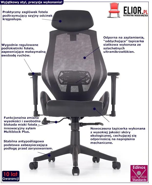 Ergonomiczny czarny fotel obrotowy z regulacją oparcia i zagłówkiem- Simona