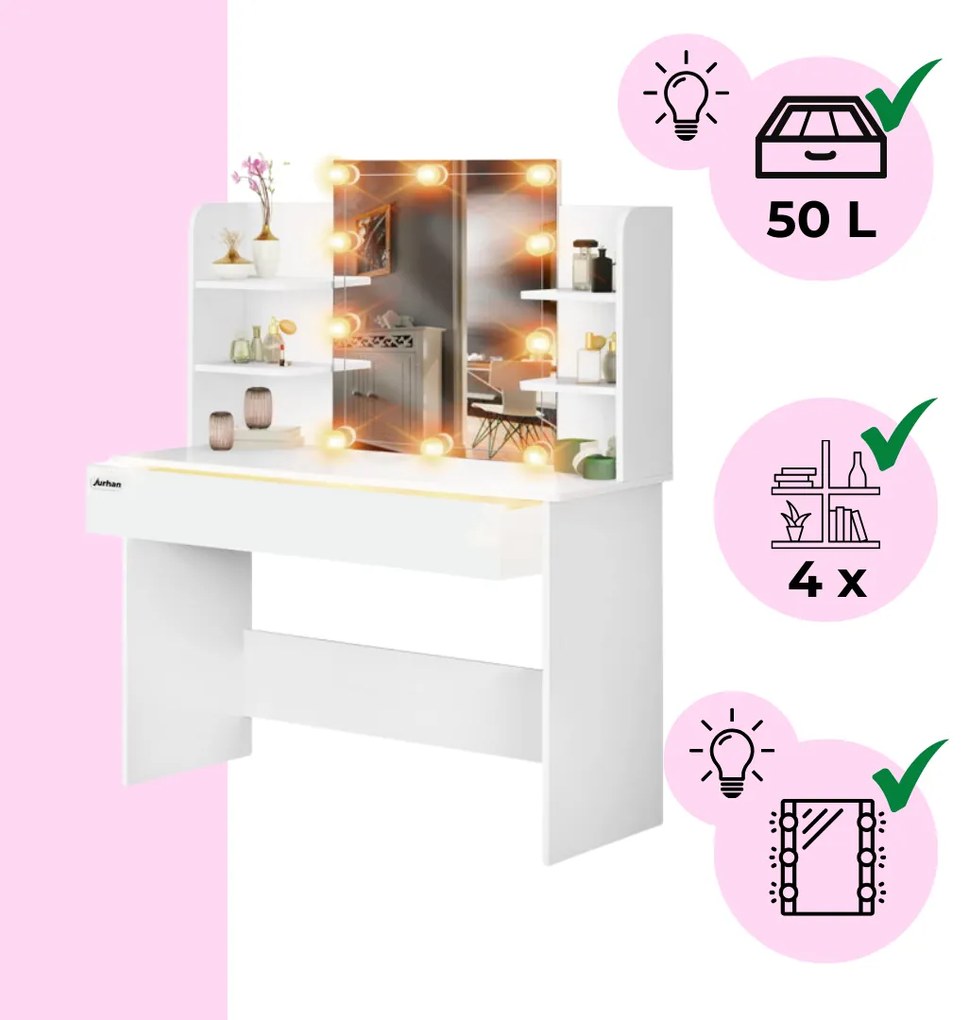 Toaletka LUCIA z oświetleniem 108x40x140cm, biała Jurhan