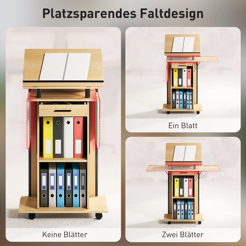 HOMCOM Mobilne podium, podium do wystąpień z składanymi bocznymi skrzydłami, stół na laptopa z szufladą i półkami, wykonane w dębie