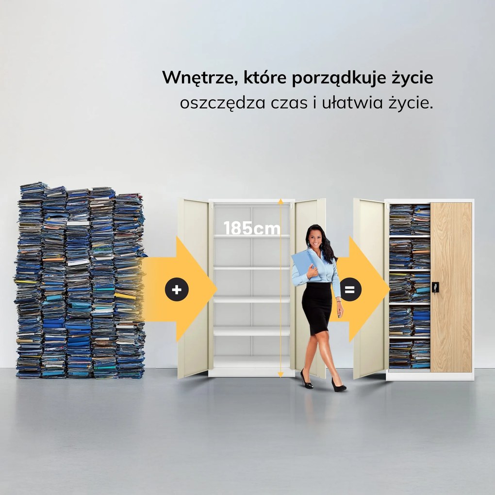 Biurowa szafa metalowa JAN, 900 x 1850 x 400 mm, Eco Design: biała/ dąb sonoma