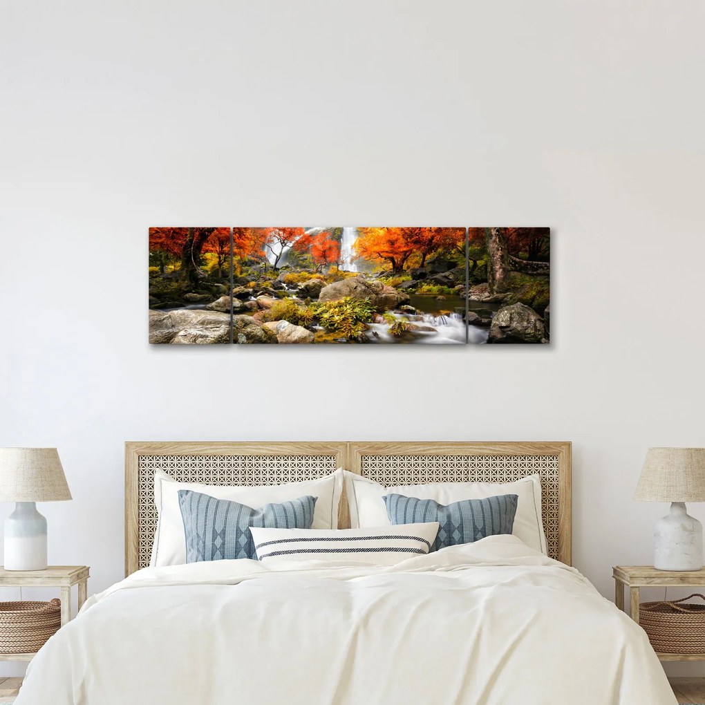 Obraz - Wodospady w pomarańczowym lesie (170x50 cm)