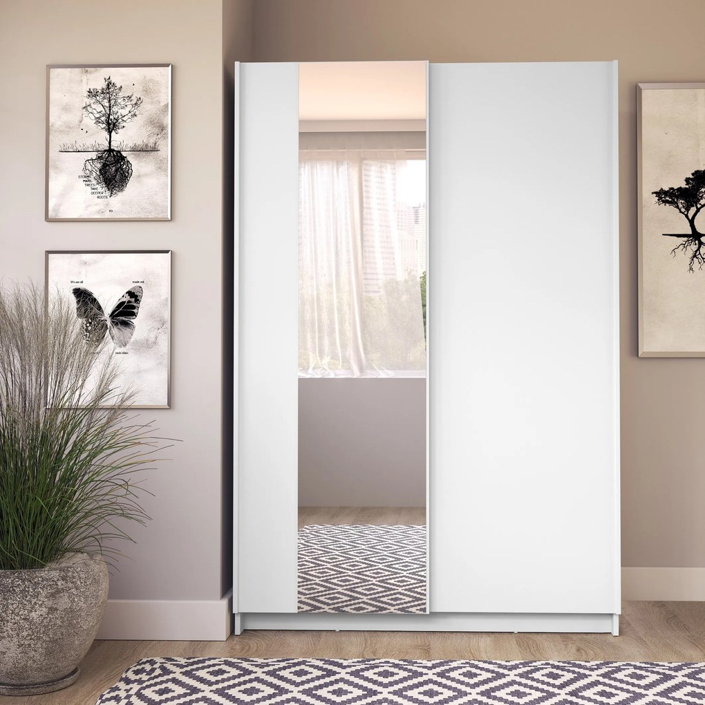 Szafa Przesuwna CERON 120 cm z Lustrem Szafa Dwudrzwiowa, Biały