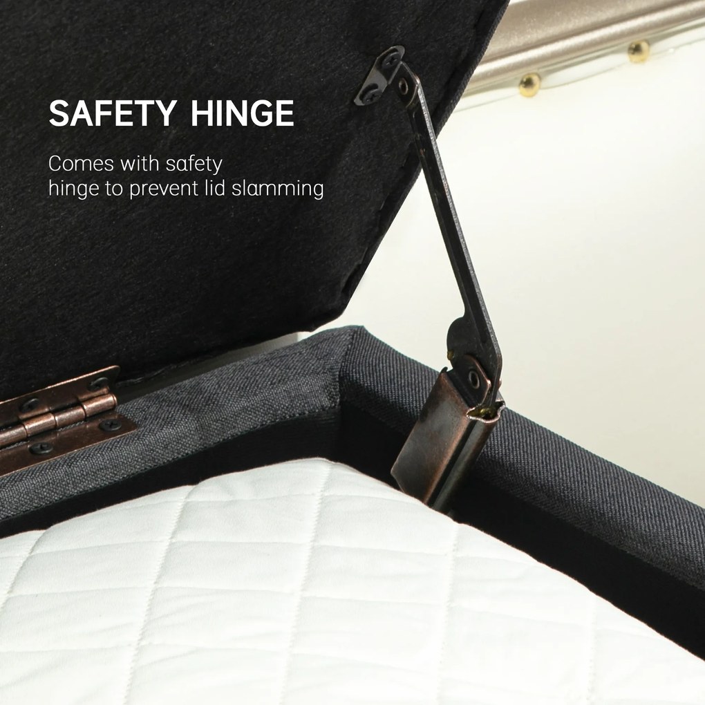 HOMCOM Ławka Tapicerowana z Schowkiem, Siedzisko Bankowe w Wyglądzie Lnu, Drewno Kauczukowe, 110 x 39 x 45 cm, Ciemnoszare