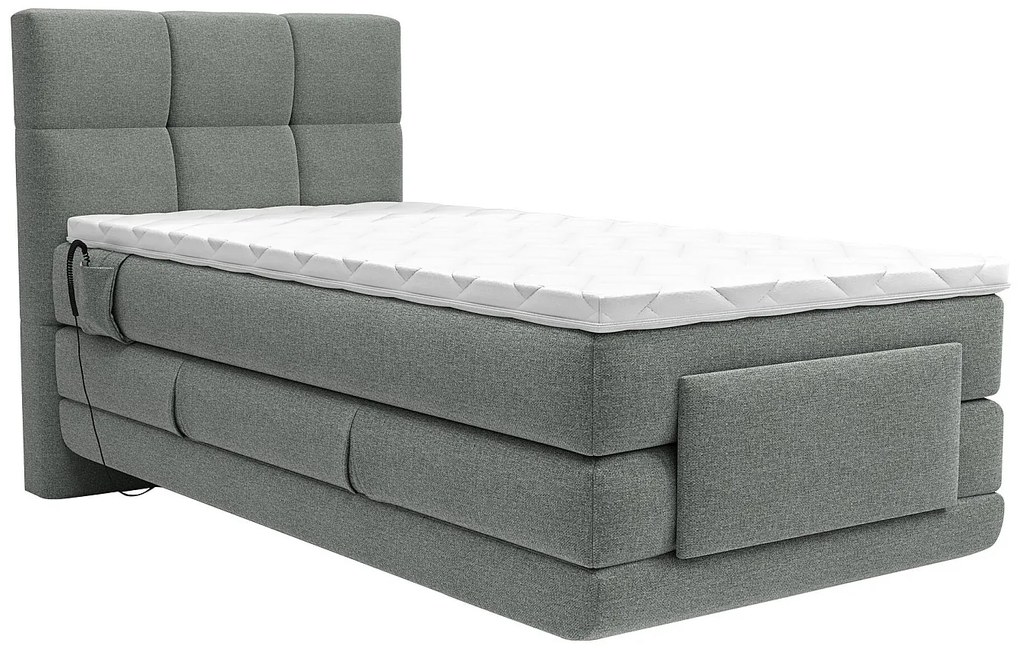 Zestaw łóżko kontynentalne z pikowanym zagłówkiem + stelaż elektryczny relaksacyjny + materac + nakładka na materac - 100 x 200 cm - Tkanina - Jasnoszary - LODI marki PALACIO