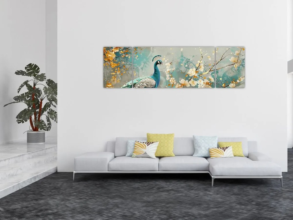 Obraz - Paw ze złotą dekoracją (170x50 cm)