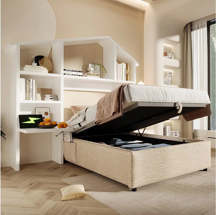 Łóżko dziecięce tapicerowane - 90 x 190 cm - z regałem + schowek hydrauliczny + USB - len + drewno - naturalny