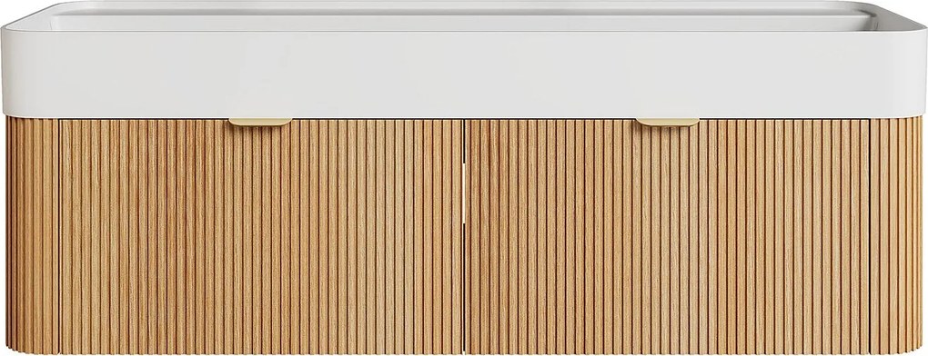 Wisząca szafka łazienkowa z prążkowanego drewna jesionowego z podwójną umywalką podblatową do zabudowy z matowej białej żywicy - Jasny naturalny - 120 cm - BULMAS