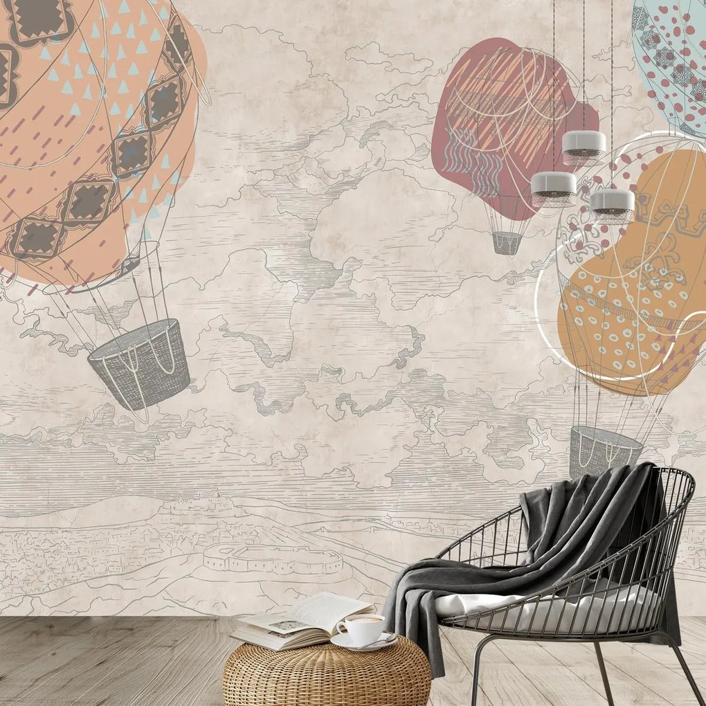 Fototapeta - Balony nad miastem, ciepłe odcienie (196x136 cm)