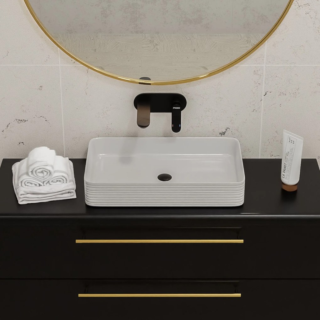 Umywalka ceramiczna nablatowa prostokątna ryflowana biała 67 x 38 cm LAMI