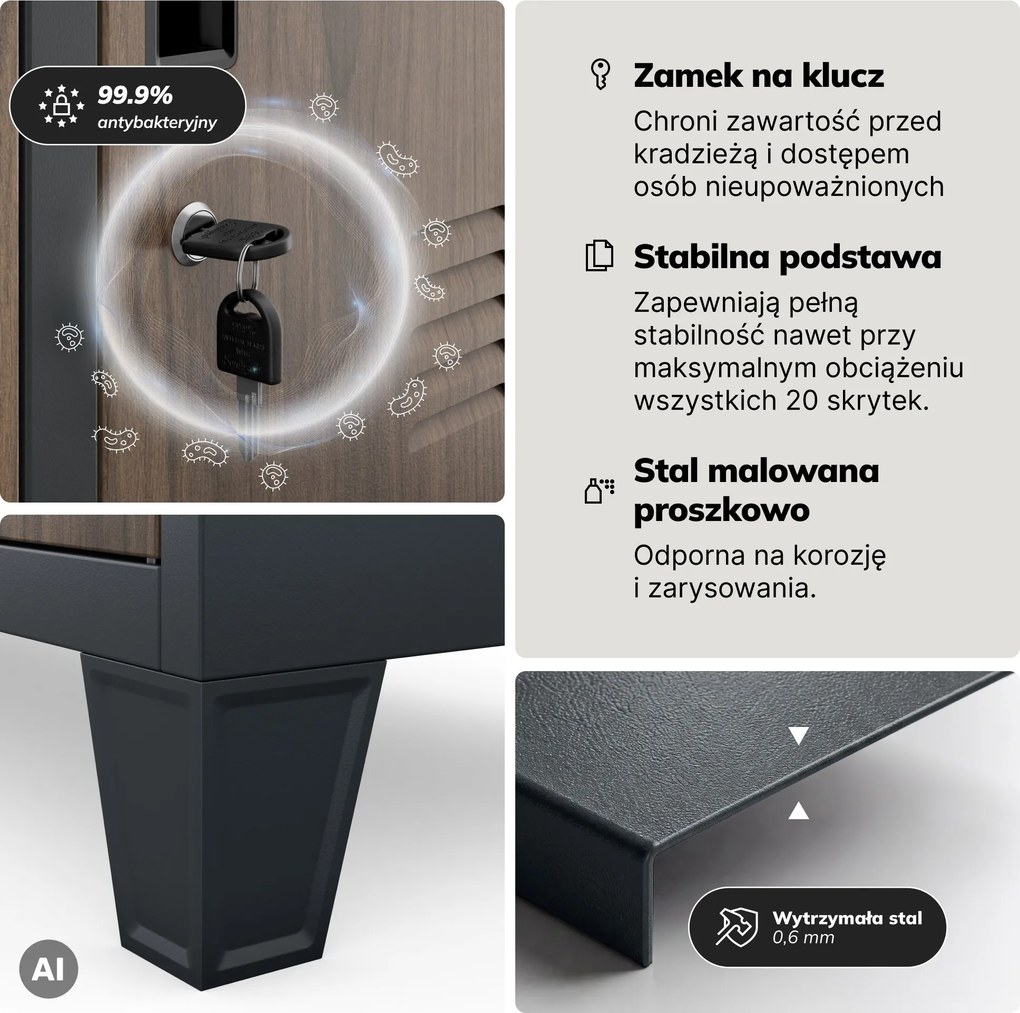 Szafa skrytkowa socjalna 20-skrytkowa na nóżkach antracytowa/orzech, 1360x1720x450 mm: ROBERT Eco Design