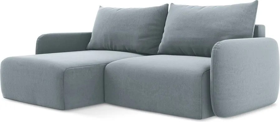 Niebieski aksamitny rozkładany narożnik ze schowkiem (lewostronny/z szezlongiem) Kalena – Makamii