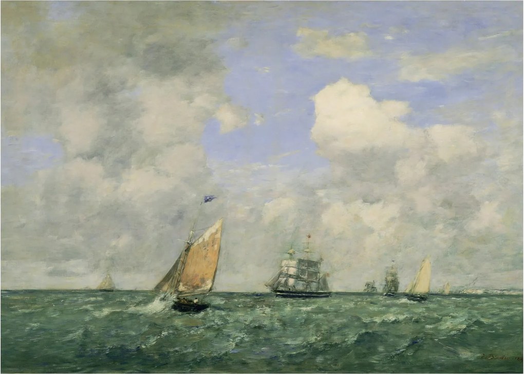 Obraz na szkle - Eugène Boudin, Ships and Sailing Boats Leaving Le Havre, reprodukcje (70x50 cm)