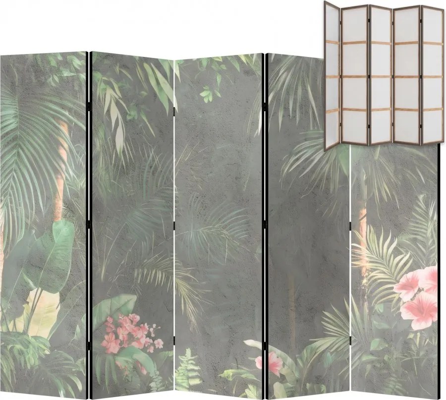 Parawan pokojowy 5-częściowy 225x172 Jednostronny dekoracyjny urban jungle Szary Dżungla Na Betonie