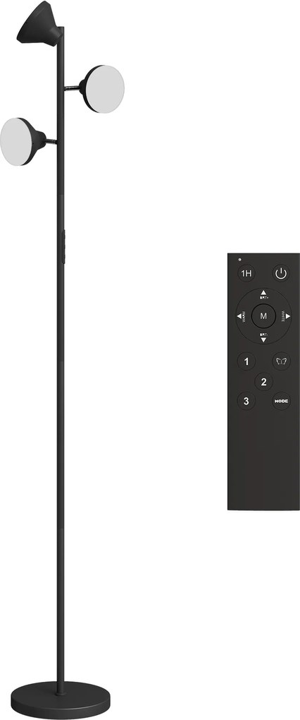 HOMCOM Lampa stojąca ściemnialna z lampką do czytania, zmiana koloru RGB, pilot, sterowanie dotykowe, 3 obrotowe głowice Czarny