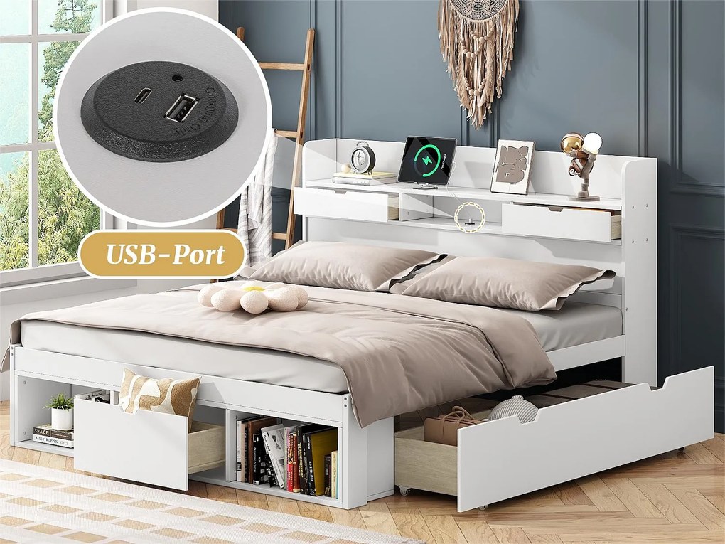 Łóżko dwuosobowe z drewna 140x200 cm - z portem ładowania i wielofunkcyjnymi schowkami - Białe