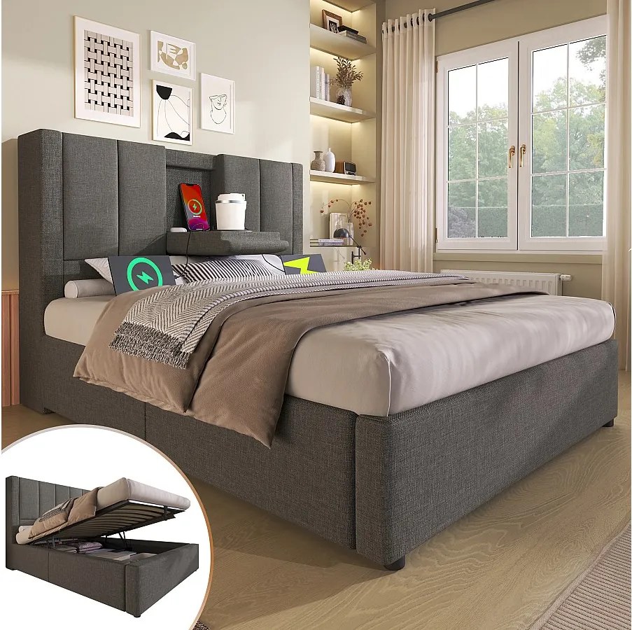 Łóżko tapicerowane z pojemnikiem na pościel - 90 x 200 cm - z ukrytym uchwytem na kubek i stacją ładującą - len - szary