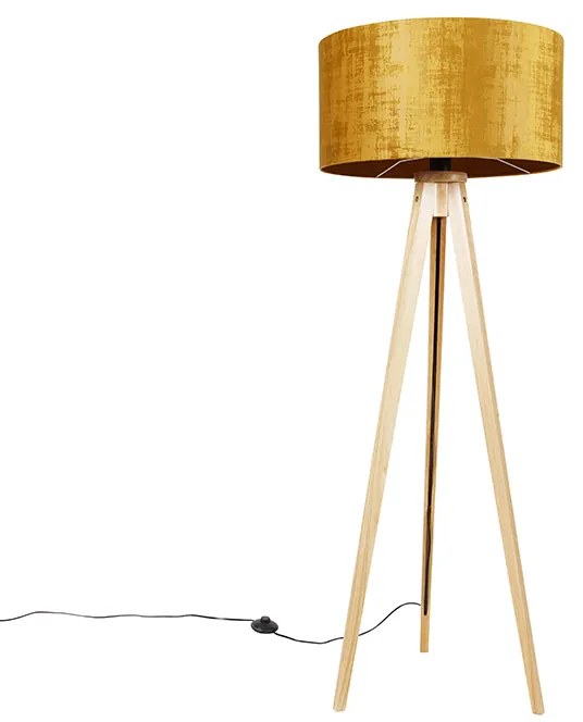 Lampa podłogowa drewniana z abażurem z tkaniny w kolorze złotym 50 cm - Tripod Classic Nowoczesny Oswietlenie wewnetrzne