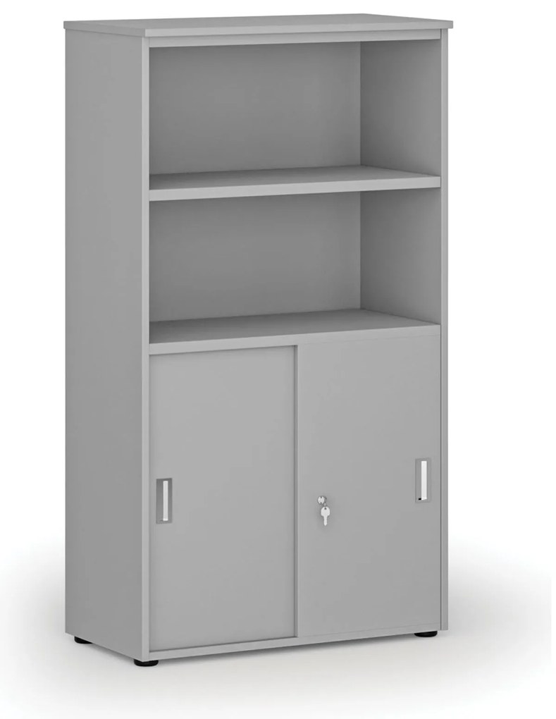 Szafa biurowa kombinowana PRIMO GRAY, drzwi przesuwne na 2 poziomach, 800 x 420 x 1434 mm, szary