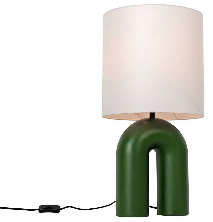 Designerska lampa stołowa zielona z białym abażurem z lnu - Lotti