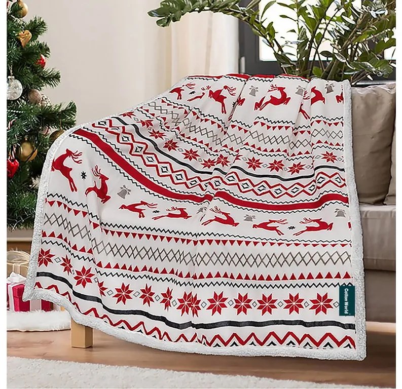 2x Koc świąteczny z mikropluszu biały z barankiem RETRO CHRISTMAS 160x200 cm