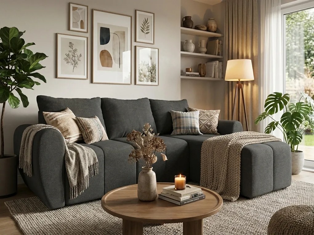 Rozkładana narożna sofa SEVIO 246x145 cm, ciemnoszara, uniwersalna + 2 poduszki GRATIS