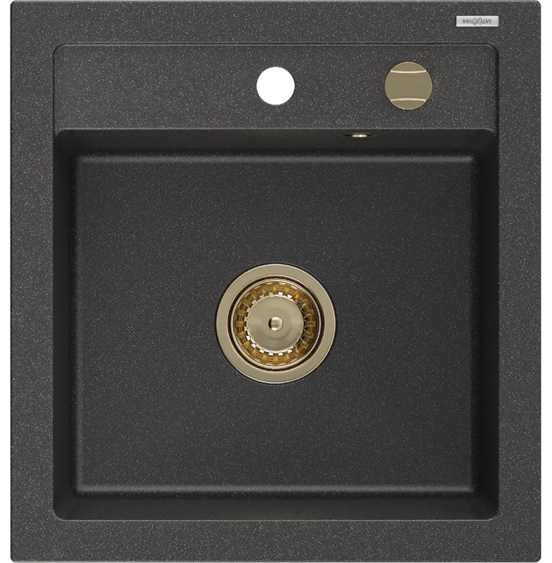 Mexen Vito zlewozmywak granitowy 1-komorowy 520 x 490 mm, czarny nakrapiany, syfon złoty - 6503521000-76-G