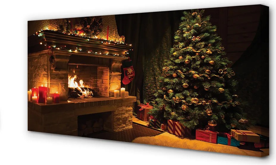 Duży obraz na płótnie Choinka, Kominek, Dekoracje i Prezenty