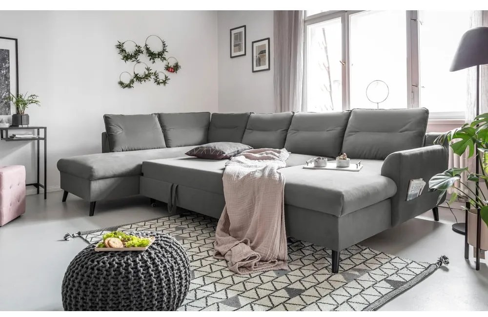 Jasnoszara aksamitna rozkładana sofa w kształcie litery "U" Miuform Stylish Stan, lewostronna