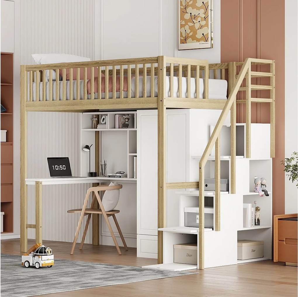 Łóżko piętrowe 90 x 200 cm z dużą szafą, biurkiem, regałem, schodami i szufladami, all-in-one, drewno MDF, biały + dąb