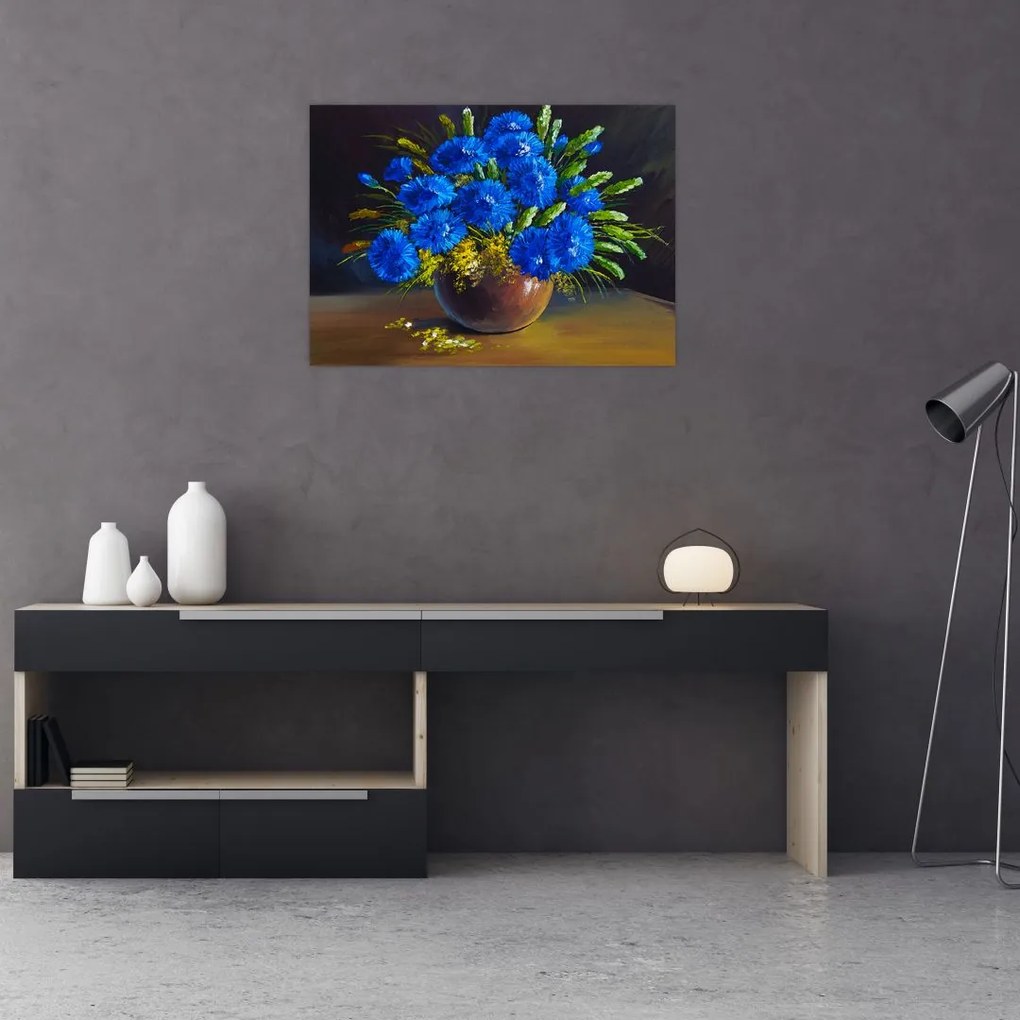 Obraz na szkle niebieskich kwiatów w wazonie (70x50 cm)