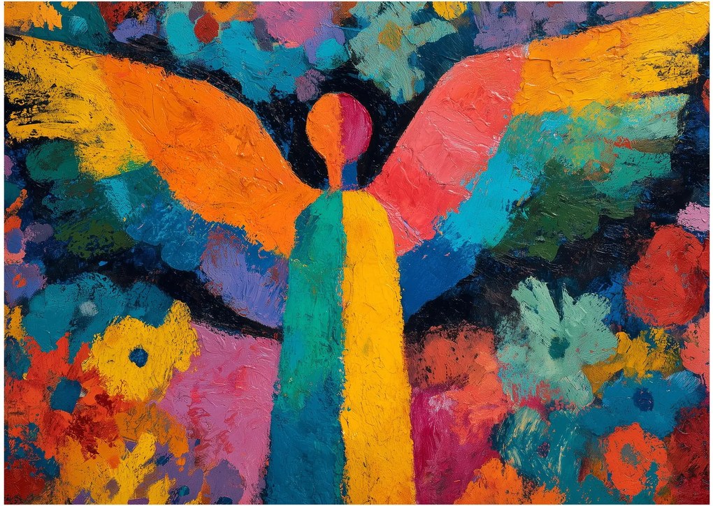 Obraz - Abstrakcyjny anioł z kwiatami (70x50 cm)