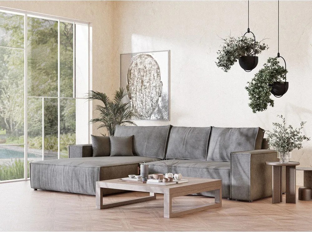 Szary rozkładany/ze schowkiem narożnik z tkaniny szenilowej (lewostronny/z szezlongiem) Maze – Maison de Rêve