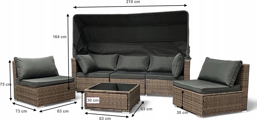 Wielofunkcyjny zestaw mebli ogrodowych - narożnik, leżanka z daszkiem Galicja 101 beż, poduszki szare