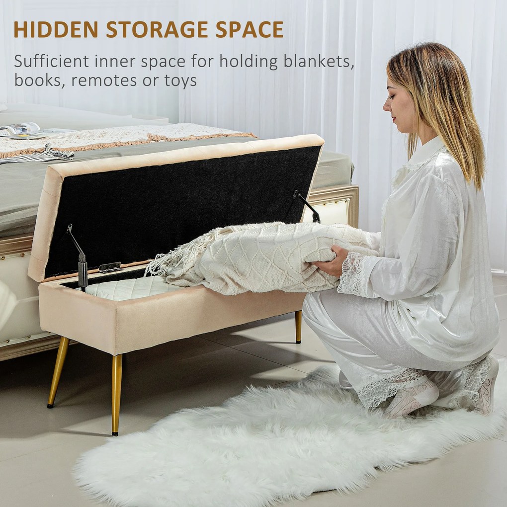 HOMCOM Ławka z miejscem do przechowywania w wyglądzie aksamitu, pikowany podnóżek z tapicerowaną ławką, rama metalowa, 102 x 35 x 43 cm, Beżowy