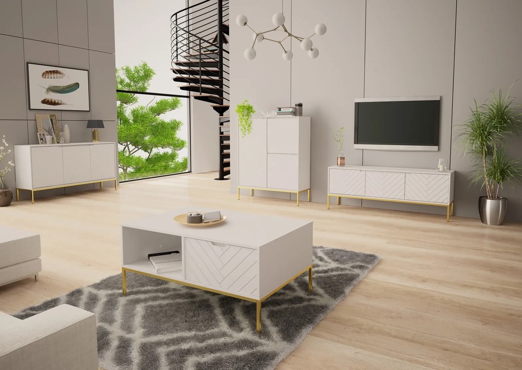 Stolik kawowy glamour z szafką Aspen 05 biały mat/złoty