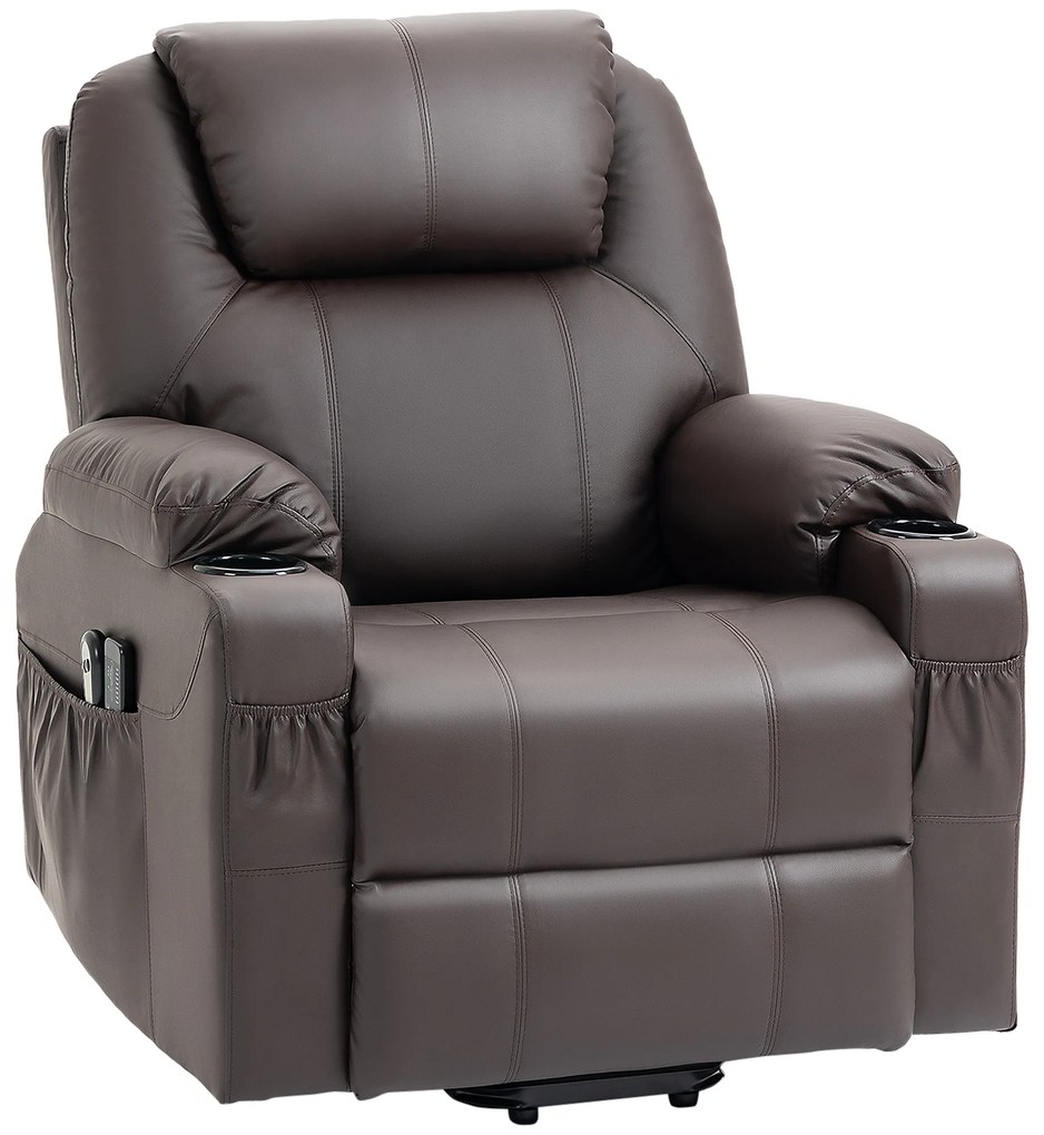 HOMCOM Fotel masujący z funkcją leżanki pomoc przy wstawaniu eko-skóra brązowy do 180 kg | Aosom PL