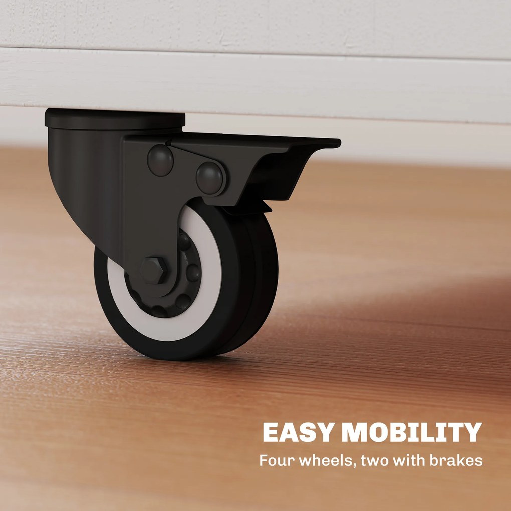 HOMCOM Składany Stół z Rolą, dwa składane boki, półka, 4 koła, Biały+Naturalne drewno, 70 x 83 x 75 cm