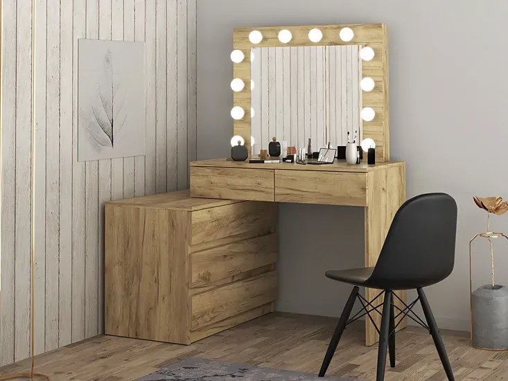 Narożna duża toaletka z lustrem i oświetleniem led dąb craft T9-A45
