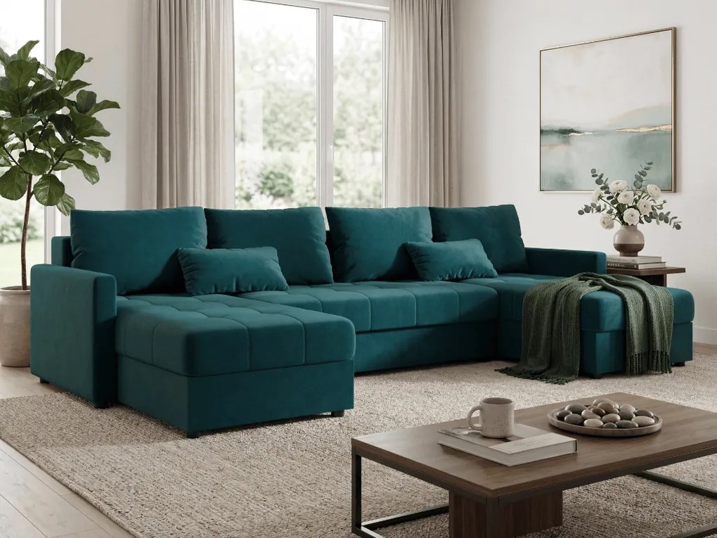Rozkładana sofa narożna w kształcie U VENORIA 285x146 cm, petrolowa + 2 poduszki GRATIS