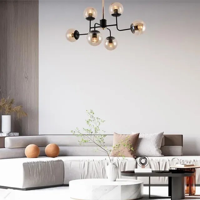 Sześcioramienny żyrandol z kloszami w miodowym odcieniu - V194 T3-T04