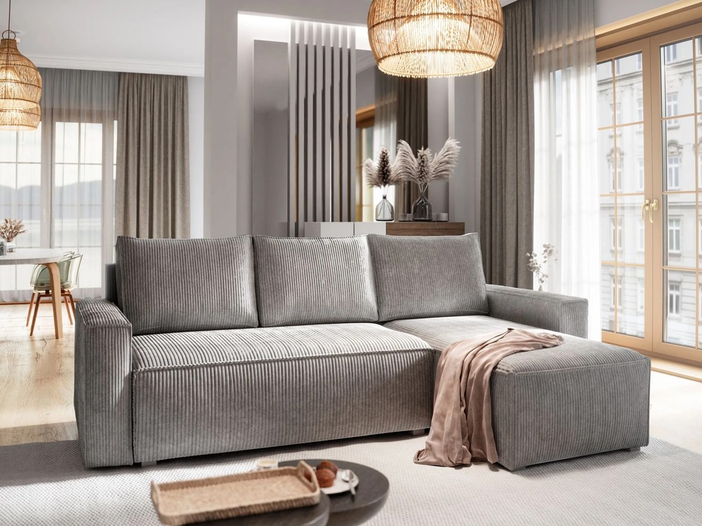 Masseno Narożnik POTARO z funkcją spania i pojemnikiem na pościel Narozniki L, Rozkładana sofa - Jasnoszary, POSO 55