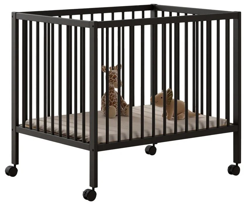 Antracytowy kojec dla dzieci z litego drewna bukowego z regulowaną wysokością/na kółkach 95x75 cm Dino – Vipack