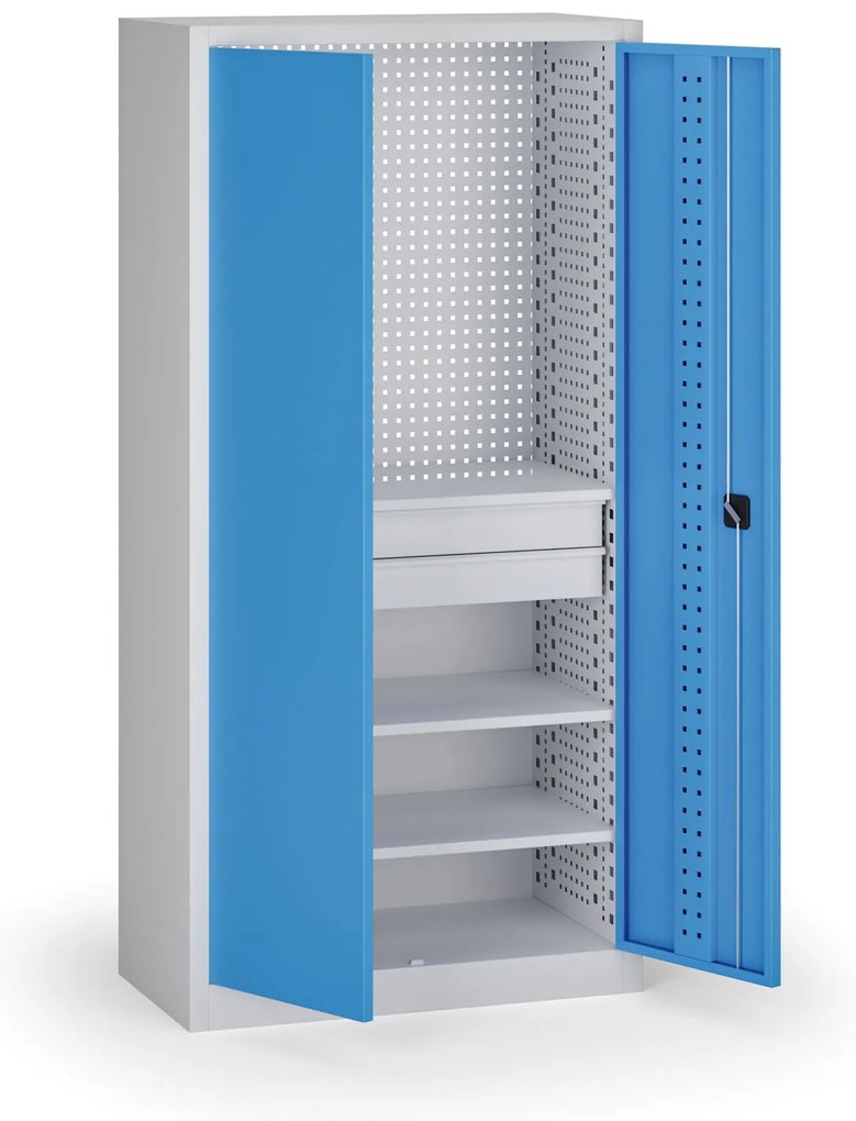 Szafa warsztatowa, 3 półki + 2 szuflady, 1950 × 950 × 500 mm, niebieskie drzwi